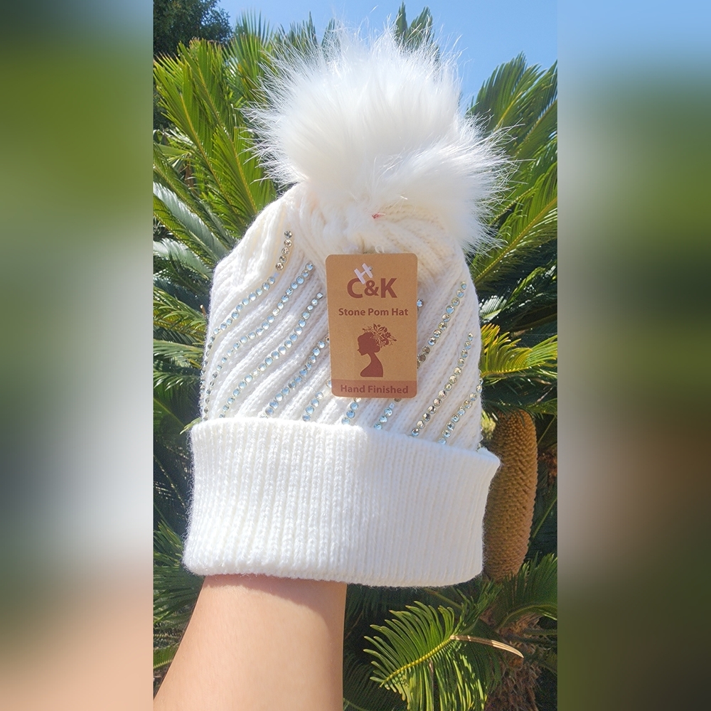 C&K Women's White Embellished Pom Beanie Hat